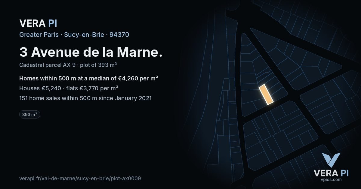 3 Avenue de la Marne, Sucy-en-Brie at night – the plot lit, the parcels around coloured by the prices near them
