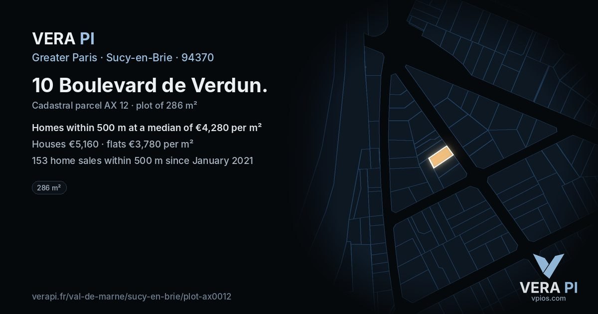 10 Boulevard de Verdun, Sucy-en-Brie at night – the plot lit, the parcels around coloured by the prices near them