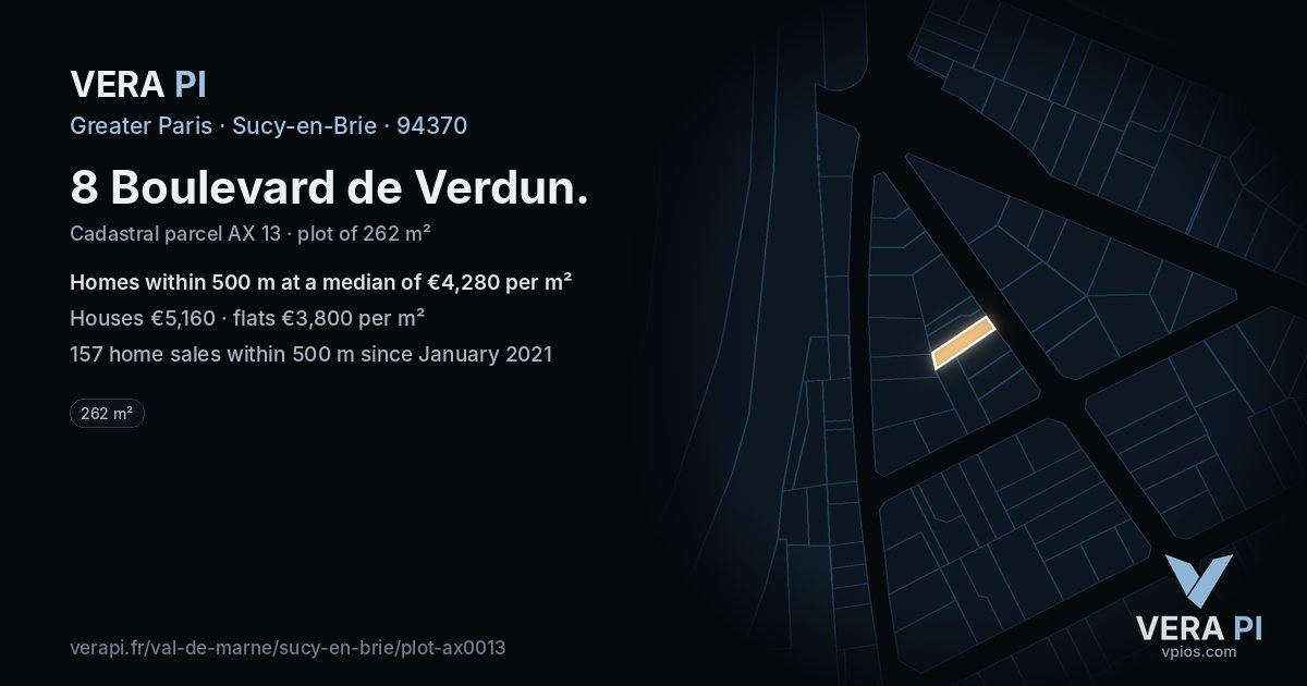 8 Boulevard de Verdun, Sucy-en-Brie at night – the plot lit, the parcels around coloured by the prices near them