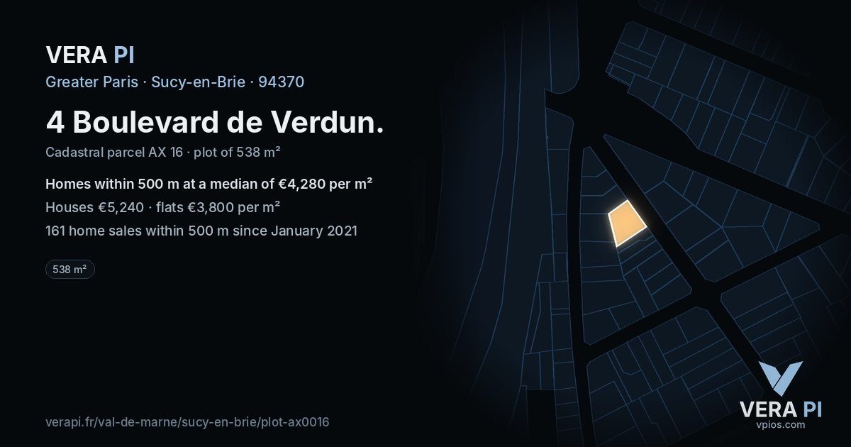 4 Boulevard de Verdun, Sucy-en-Brie at night – the plot lit, the parcels around coloured by the prices near them