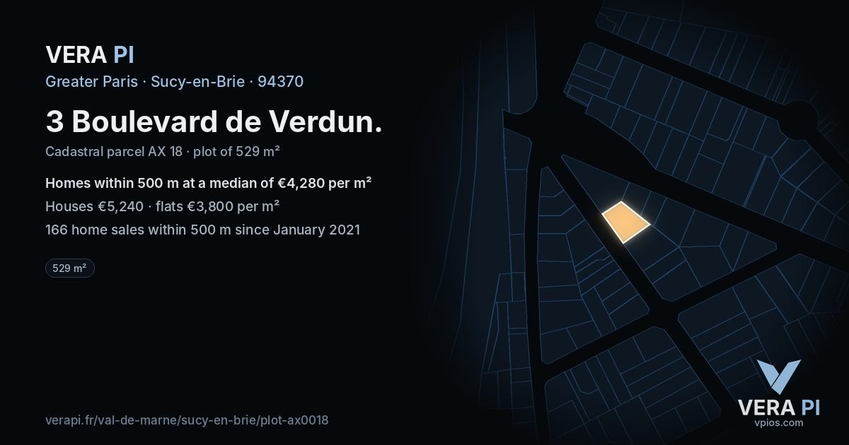 3 Boulevard de Verdun, Sucy-en-Brie at night – the plot lit, the parcels around coloured by the prices near them