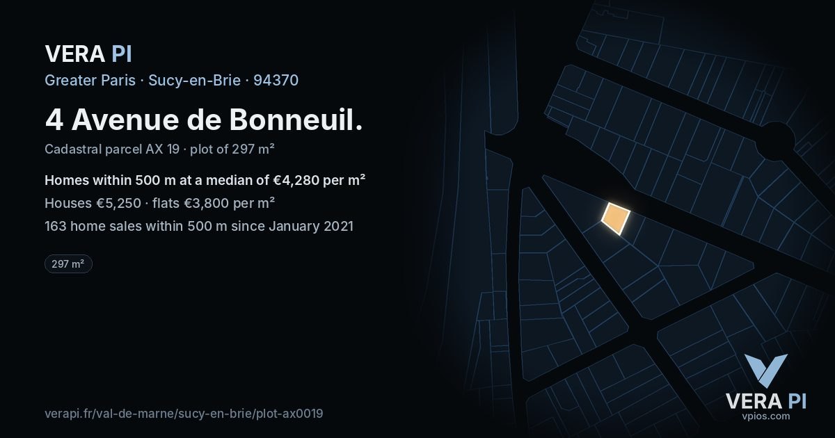 4 Avenue de Bonneuil, Sucy-en-Brie at night – the plot lit, the parcels around coloured by the prices near them