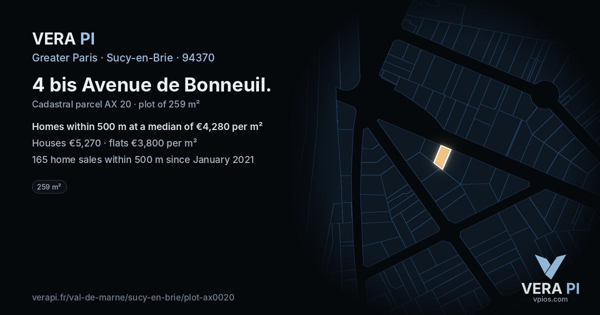 4 bis Avenue de Bonneuil, Sucy-en-Brie at night – the plot lit, the parcels around coloured by the prices near them
