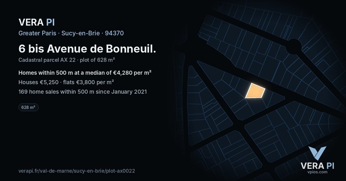 6 bis Avenue de Bonneuil, Sucy-en-Brie at night – the plot lit, the parcels around coloured by the prices near them