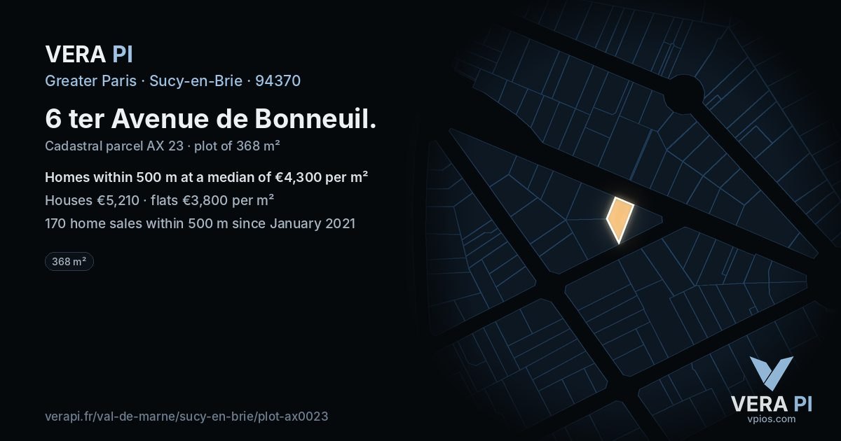 6 ter Avenue de Bonneuil, Sucy-en-Brie at night – the plot lit, the parcels around coloured by the prices near them