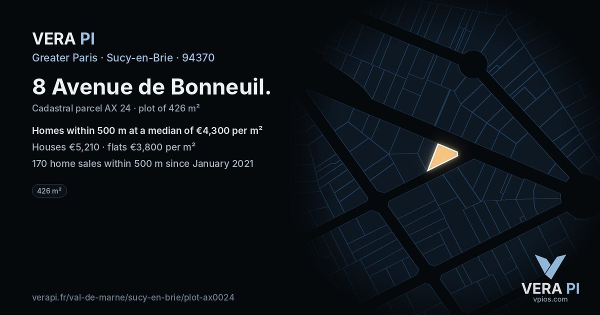 8 Avenue de Bonneuil, Sucy-en-Brie at night – the plot lit, the parcels around coloured by the prices near them