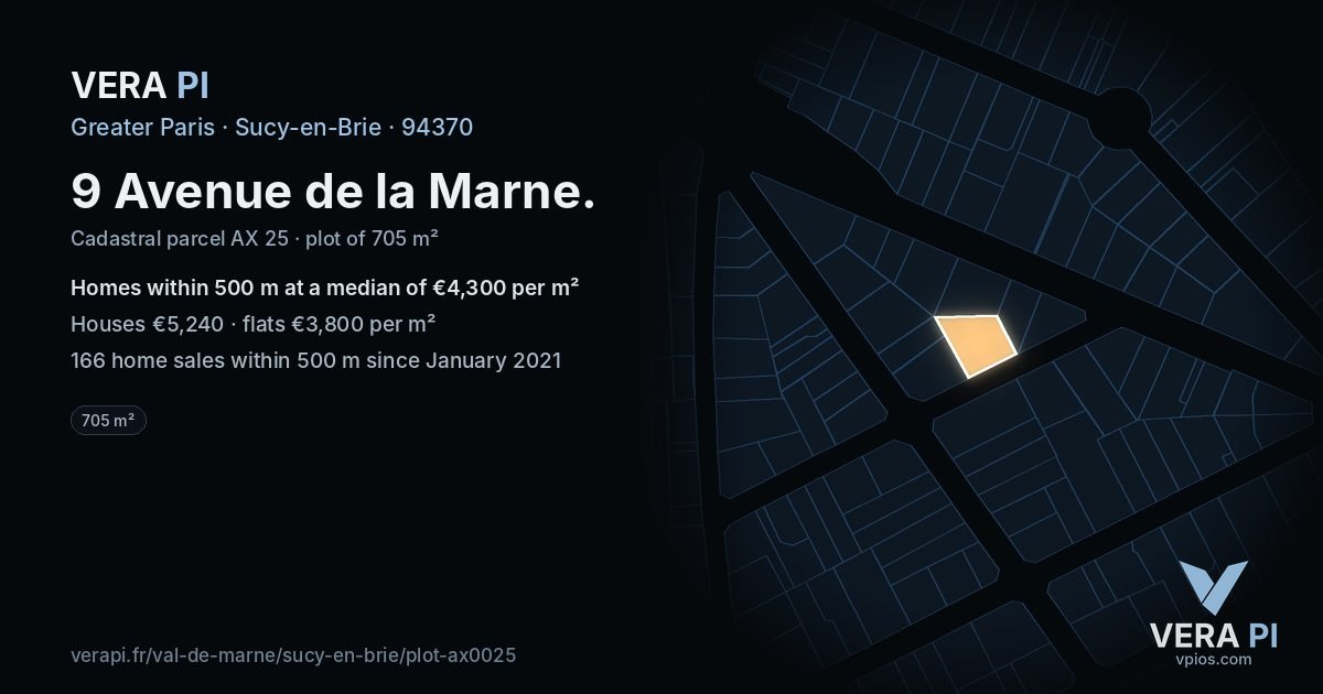 9 Avenue de la Marne, Sucy-en-Brie at night – the plot lit, the parcels around coloured by the prices near them