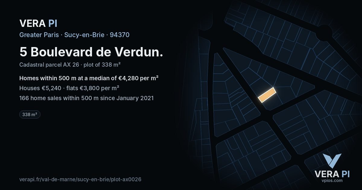 5 Boulevard de Verdun, Sucy-en-Brie at night – the plot lit, the parcels around coloured by the prices near them