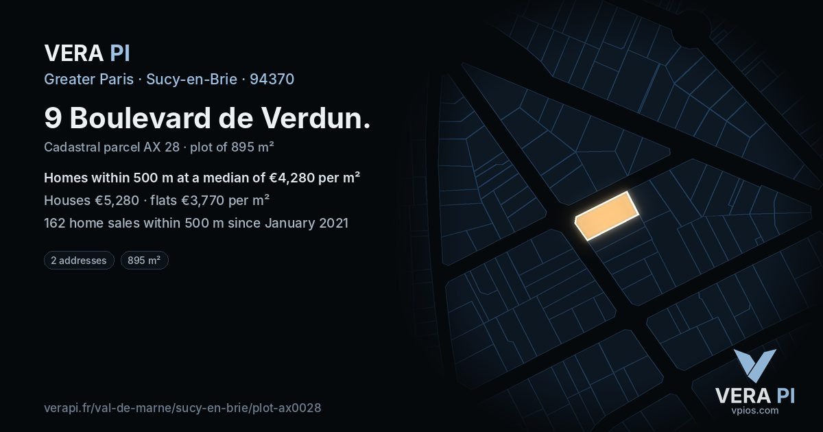 9 Boulevard de Verdun, Sucy-en-Brie at night – the plot lit, the parcels around coloured by the prices near them