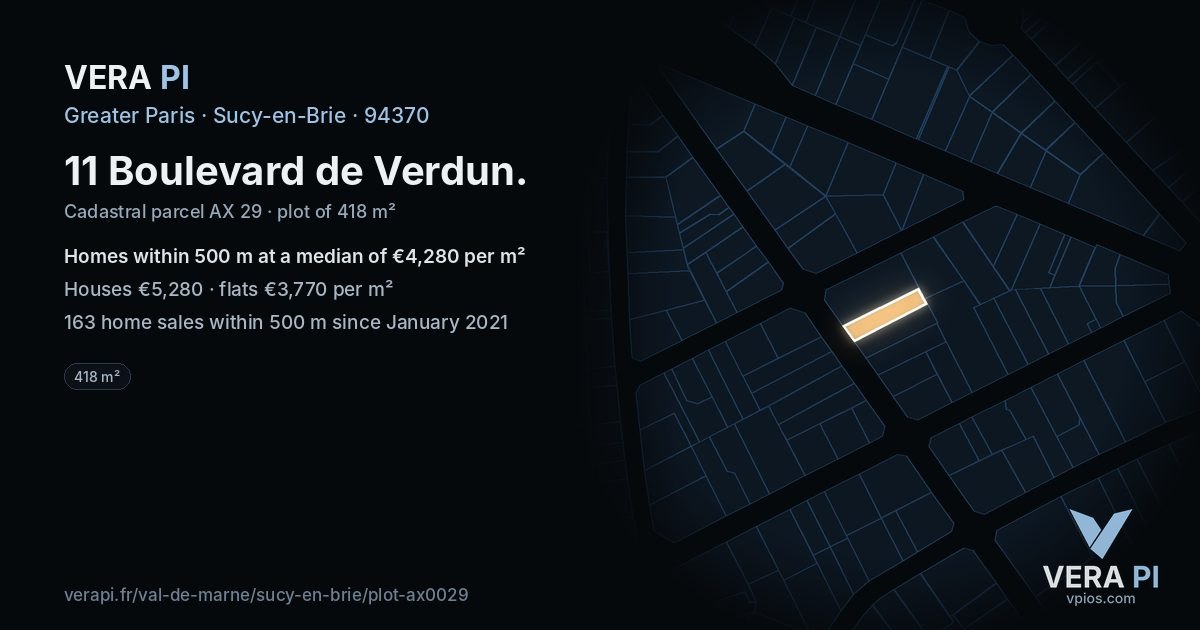 11 Boulevard de Verdun, Sucy-en-Brie at night – the plot lit, the parcels around coloured by the prices near them
