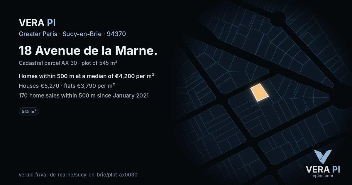 18 Avenue de la Marne, Sucy-en-Brie at night – the plot lit, the parcels around coloured by the prices near them