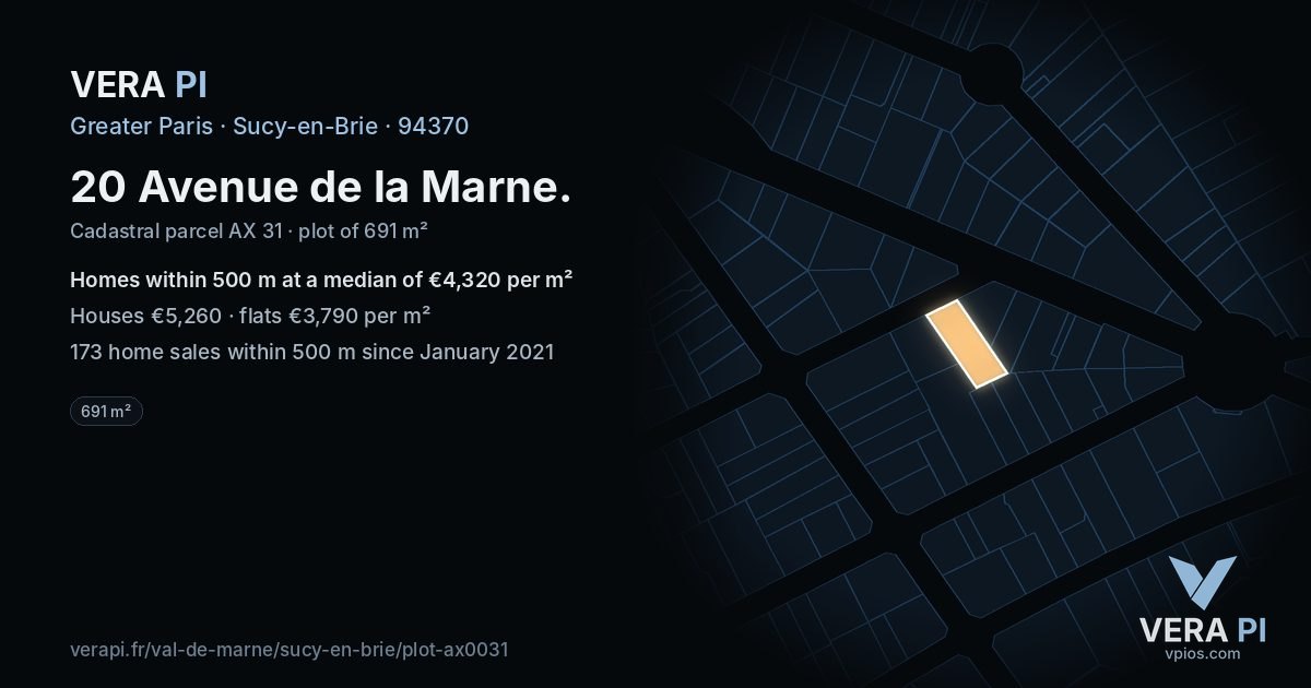 20 Avenue de la Marne, Sucy-en-Brie at night – the plot lit, the parcels around coloured by the prices near them