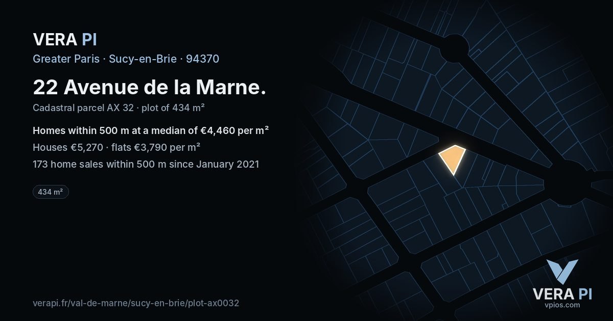22 Avenue de la Marne, Sucy-en-Brie at night – the plot lit, the parcels around coloured by the prices near them
