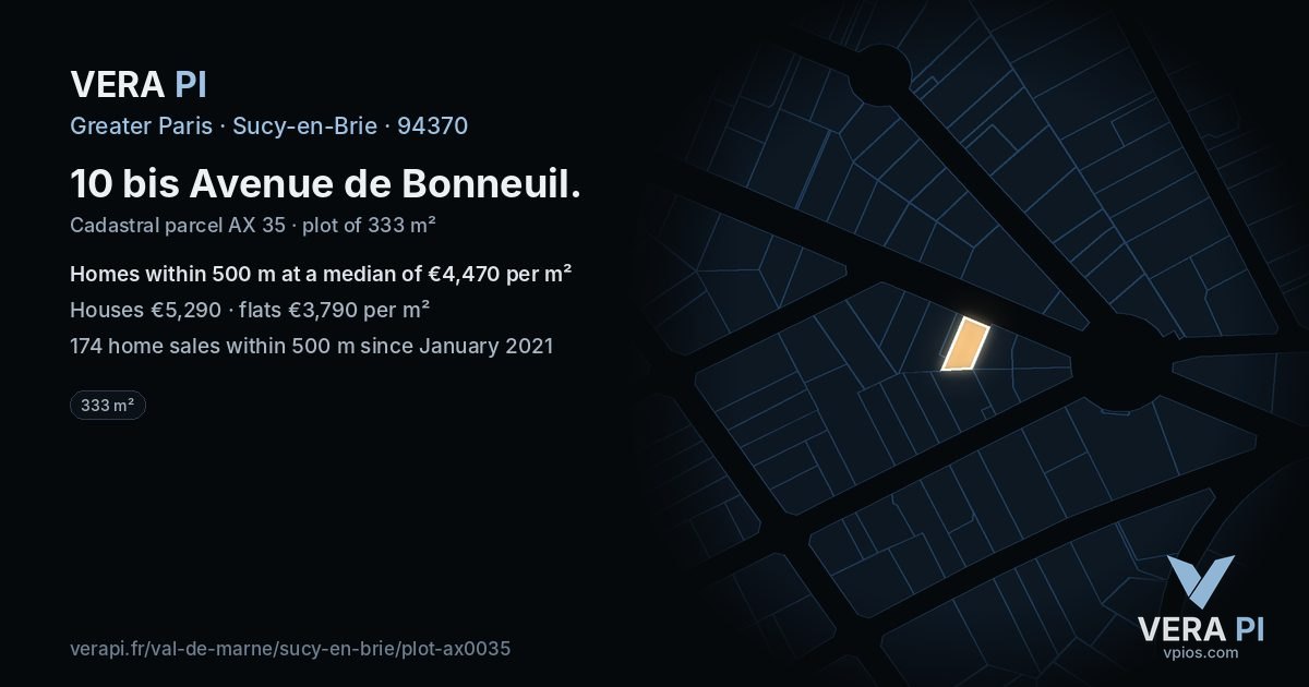 10 bis Avenue de Bonneuil, Sucy-en-Brie at night – the plot lit, the parcels around coloured by the prices near them