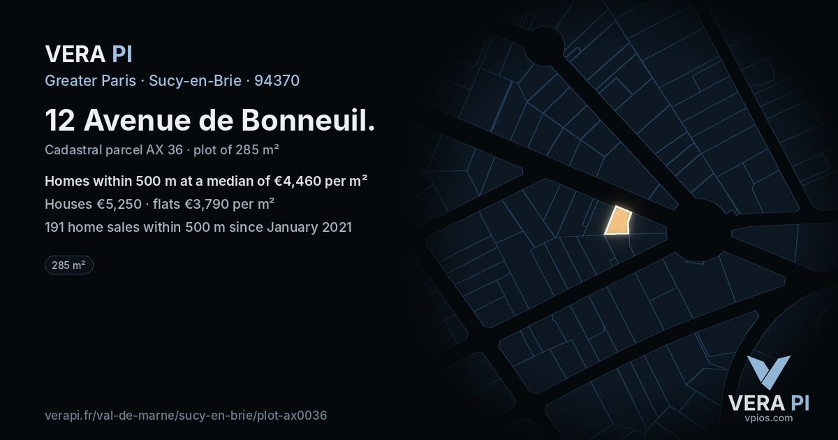 12 Avenue de Bonneuil, Sucy-en-Brie at night – the plot lit, the parcels around coloured by the prices near them