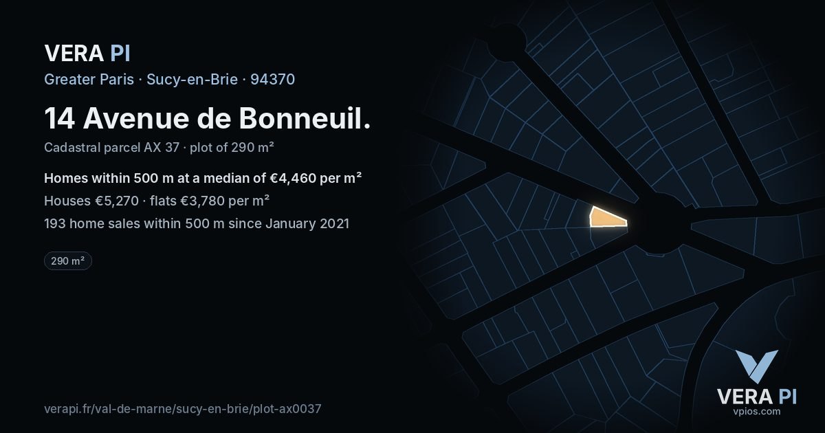 14 Avenue de Bonneuil, Sucy-en-Brie at night – the plot lit, the parcels around coloured by the prices near them