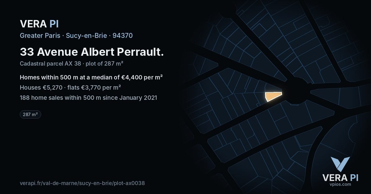 33 Avenue Albert Perrault, Sucy-en-Brie at night – the plot lit, the parcels around coloured by the prices near them