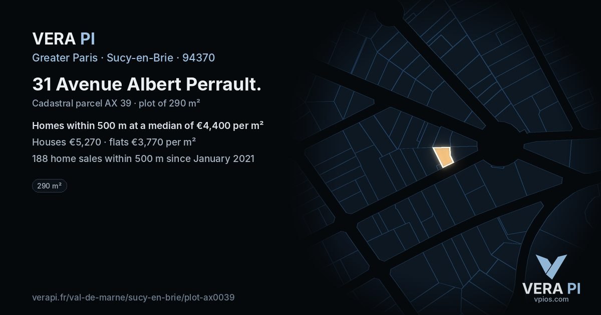 31 Avenue Albert Perrault, Sucy-en-Brie at night – the plot lit, the parcels around coloured by the prices near them