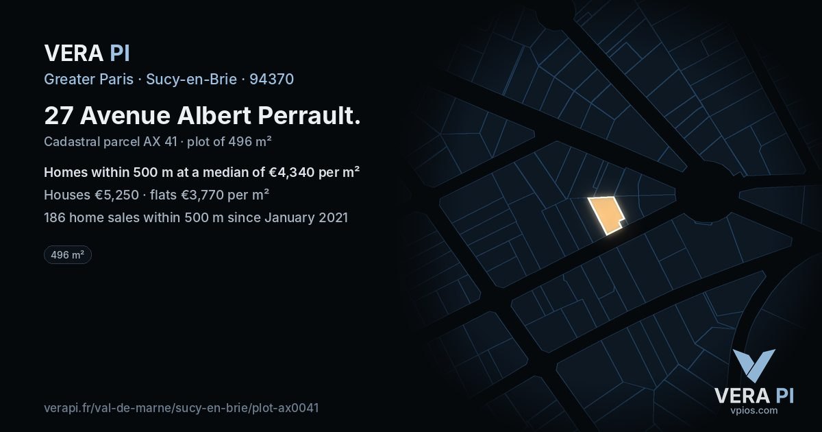 27 Avenue Albert Perrault, Sucy-en-Brie at night – the plot lit, the parcels around coloured by the prices near them