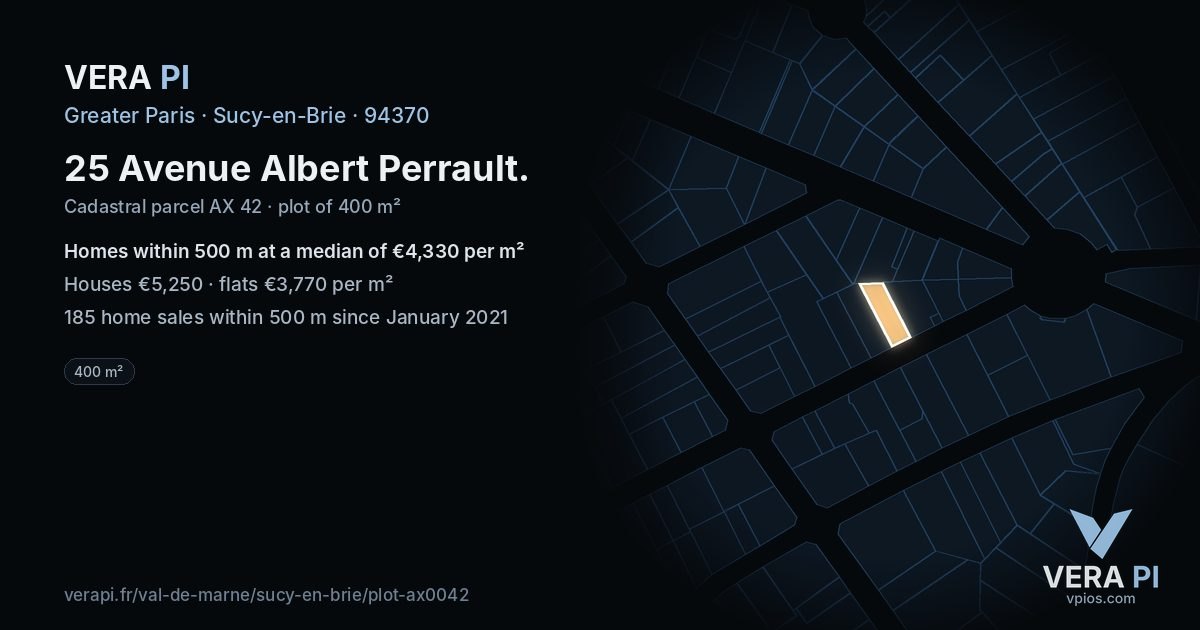 25 Avenue Albert Perrault, Sucy-en-Brie at night – the plot lit, the parcels around coloured by the prices near them