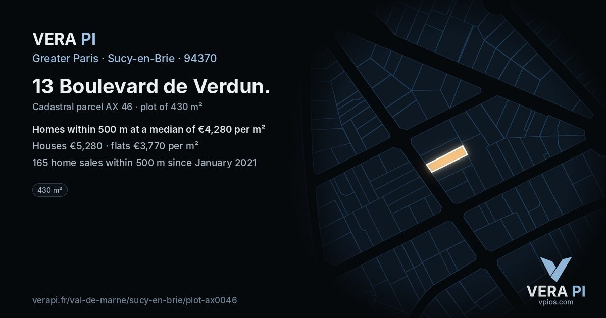 13 Boulevard de Verdun, Sucy-en-Brie at night – the plot lit, the parcels around coloured by the prices near them