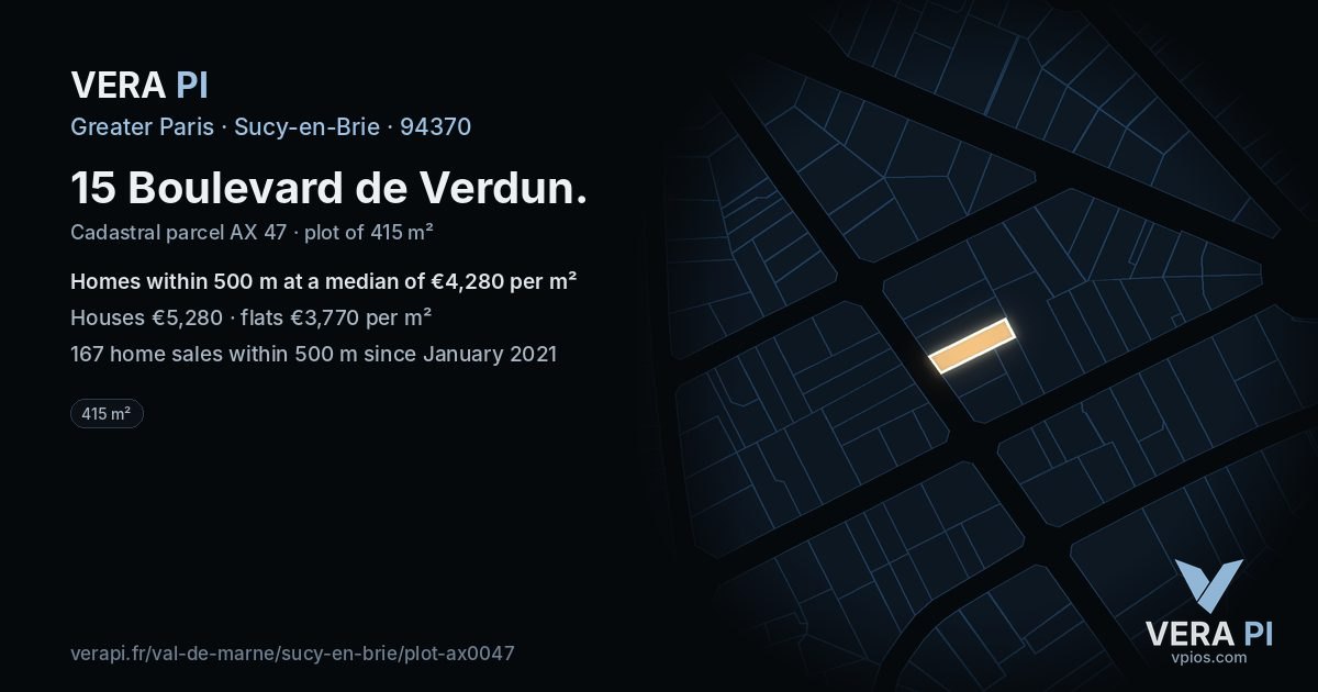 15 Boulevard de Verdun, Sucy-en-Brie at night – the plot lit, the parcels around coloured by the prices near them
