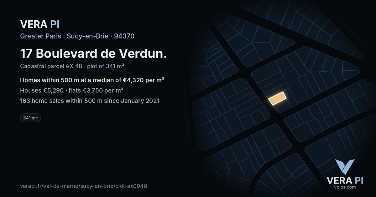 17 Boulevard de Verdun, Sucy-en-Brie at night – the plot lit, the parcels around coloured by the prices near them