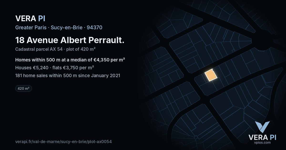 18 Avenue Albert Perrault, Sucy-en-Brie at night – the plot lit, the parcels around coloured by the prices near them