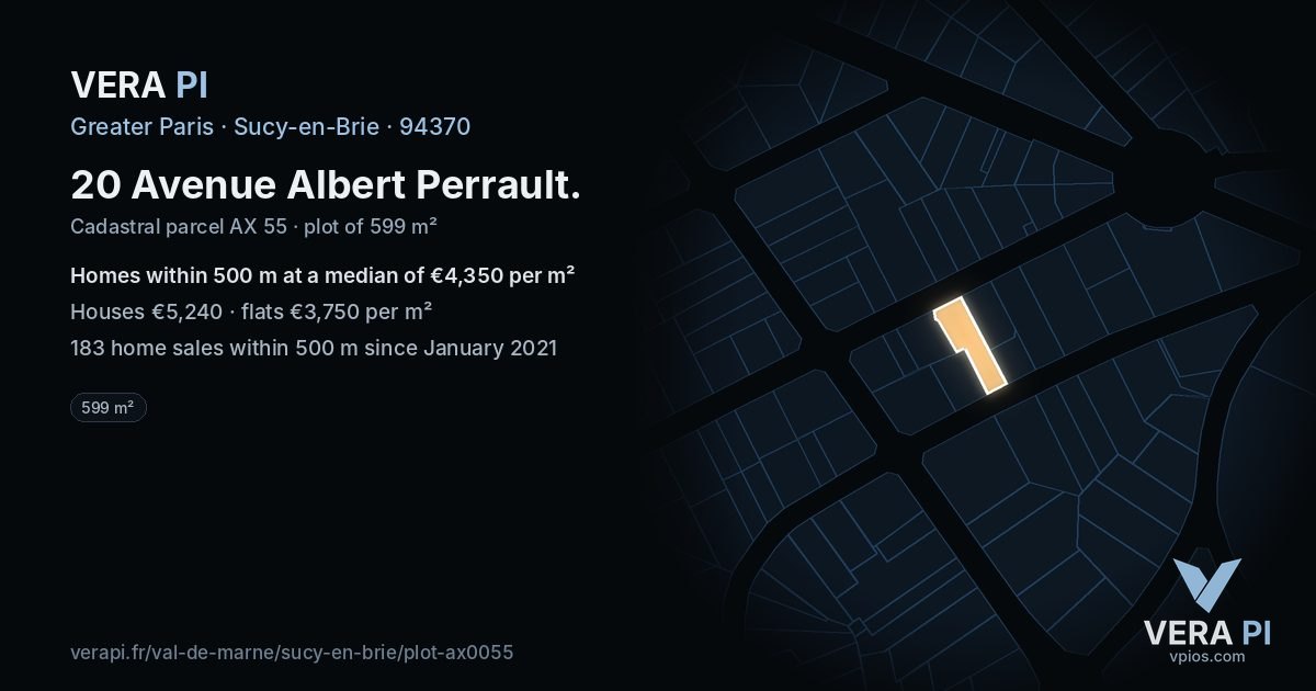 20 Avenue Albert Perrault, Sucy-en-Brie at night – the plot lit, the parcels around coloured by the prices near them