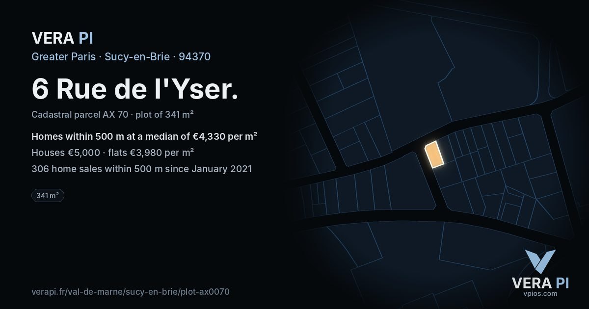 6 Rue de l'Yser, Sucy-en-Brie at night – the plot lit, the parcels around coloured by the prices near them