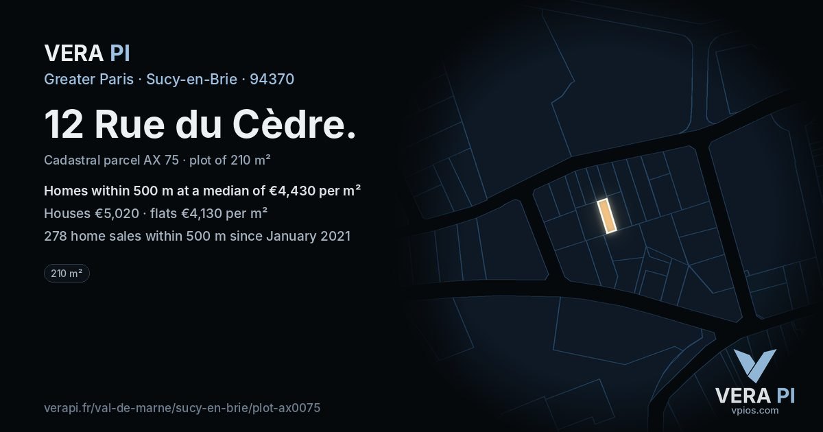 12 Rue du Cèdre, Sucy-en-Brie at night – the plot lit, the parcels around coloured by the prices near them