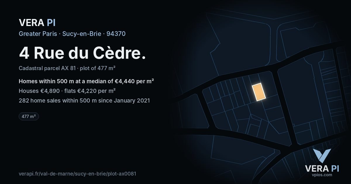 4 Rue du Cèdre, Sucy-en-Brie at night – the plot lit, the parcels around coloured by the prices near them