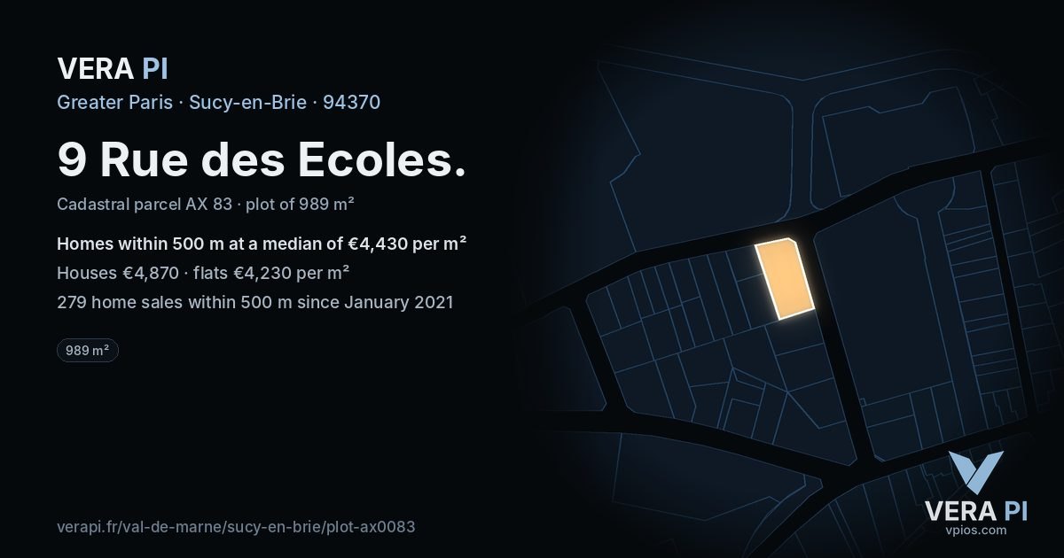 9 Rue des Ecoles, Sucy-en-Brie at night – the plot lit, the parcels around coloured by the prices near them