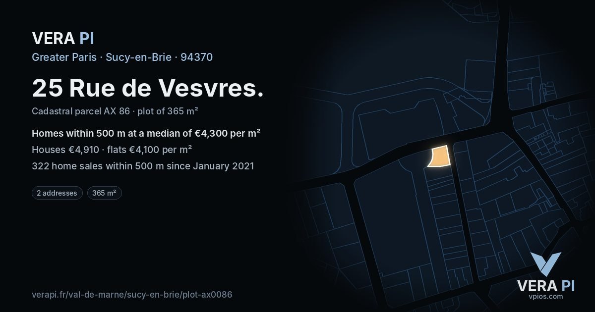 25 Rue de Vesvres, Sucy-en-Brie at night – the plot lit, the parcels around coloured by the prices near them