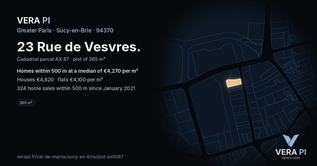 23 Rue de Vesvres, Sucy-en-Brie at night – the plot lit, the parcels around coloured by the prices near them