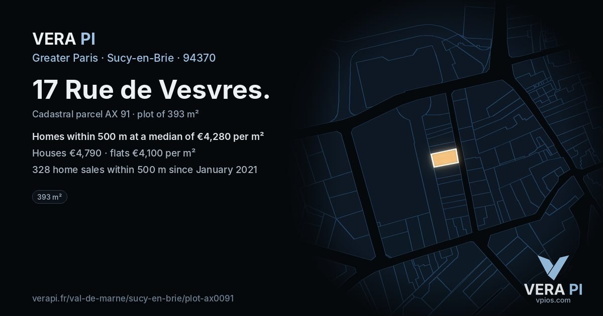 17 Rue de Vesvres, Sucy-en-Brie at night – the plot lit, the parcels around coloured by the prices near them