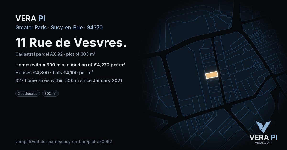 11 Rue de Vesvres, Sucy-en-Brie at night – the plot lit, the parcels around coloured by the prices near them