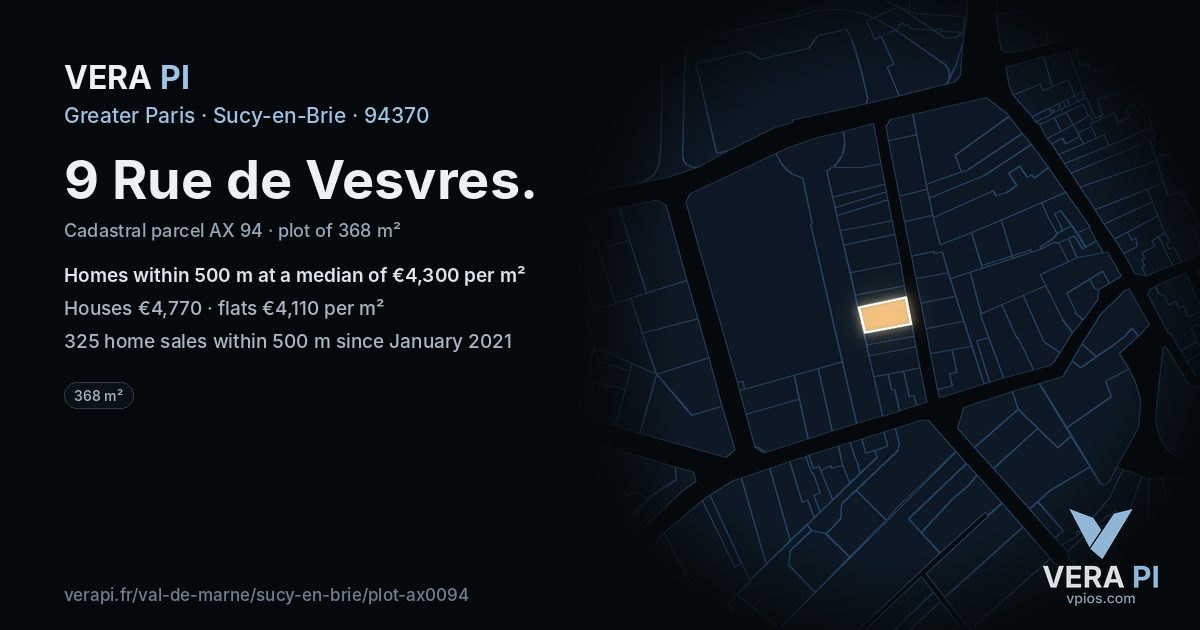 9 Rue de Vesvres, Sucy-en-Brie at night – the plot lit, the parcels around coloured by the prices near them