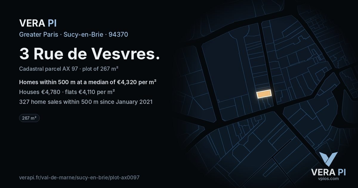 3 Rue de Vesvres, Sucy-en-Brie at night – the plot lit, the parcels around coloured by the prices near them