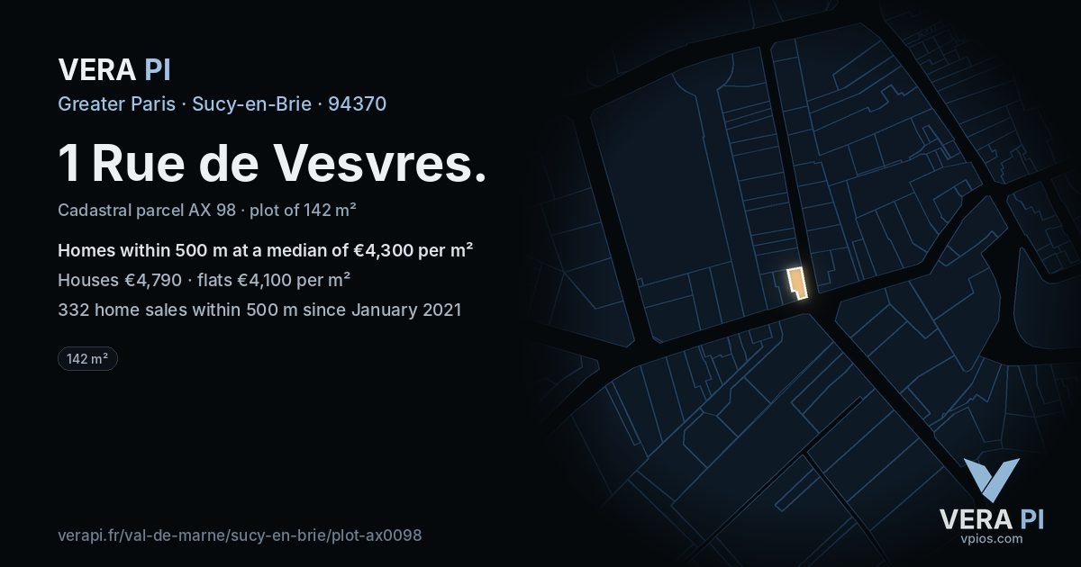 1 Rue de Vesvres, Sucy-en-Brie at night – the plot lit, the parcels around coloured by the prices near them