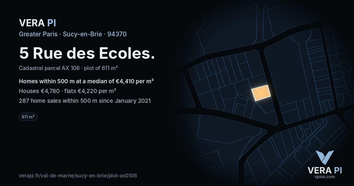 5 Rue des Ecoles, Sucy-en-Brie at night – the plot lit, the parcels around coloured by the prices near them