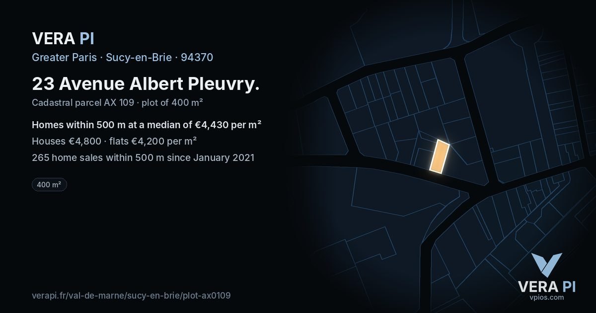 23 Avenue Albert Pleuvry, Sucy-en-Brie at night – the plot lit, the parcels around coloured by the prices near them