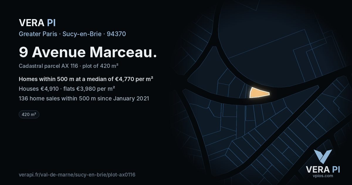 9 Avenue Marceau, Sucy-en-Brie at night – the plot lit, the parcels around coloured by the prices near them