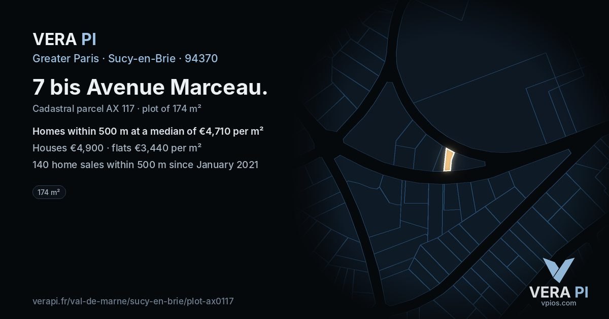 7 bis Avenue Marceau, Sucy-en-Brie at night – the plot lit, the parcels around coloured by the prices near them