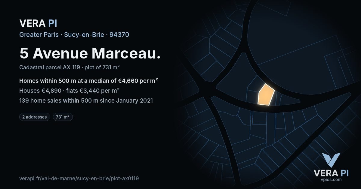 5 Avenue Marceau, Sucy-en-Brie at night – the plot lit, the parcels around coloured by the prices near them