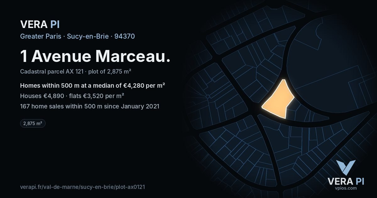 1 Avenue Marceau, Sucy-en-Brie at night – the plot lit, the parcels around coloured by the prices near them