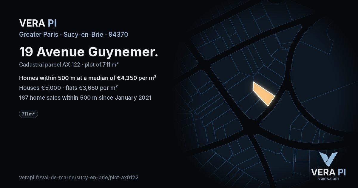 19 Avenue Guynemer, Sucy-en-Brie at night – the plot lit, the parcels around coloured by the prices near them