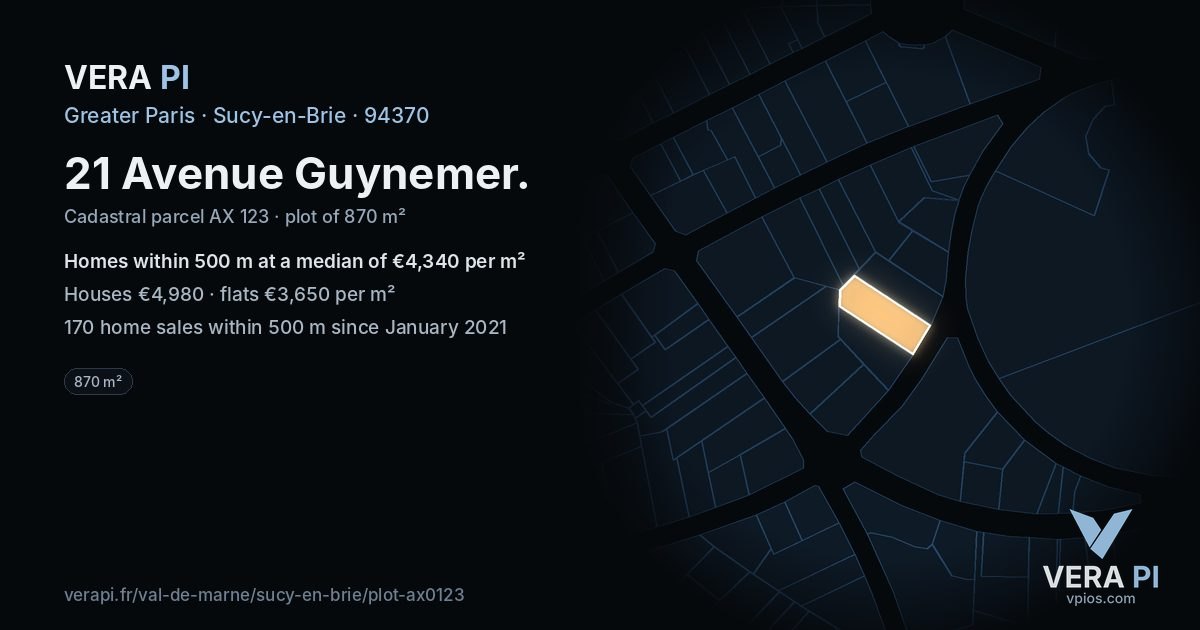 21 Avenue Guynemer, Sucy-en-Brie at night – the plot lit, the parcels around coloured by the prices near them