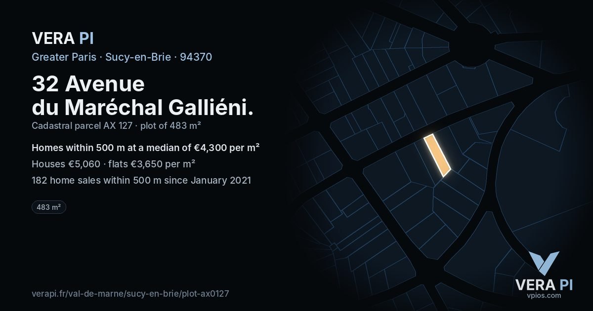 32 Avenue du Maréchal Galliéni, Sucy-en-Brie at night – the plot lit, the parcels around coloured by the prices near them