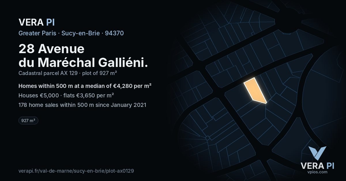 28 Avenue du Maréchal Galliéni, Sucy-en-Brie at night – the plot lit, the parcels around coloured by the prices near them